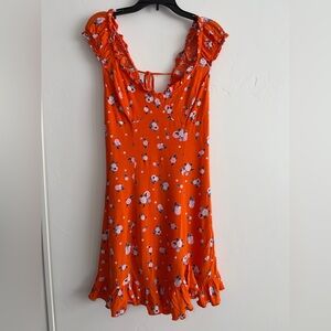 Free People Orange Floral Tie Back Milkmaid Mini Dress Boho Prairie XS